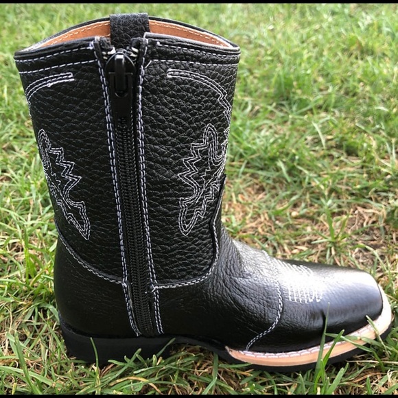 Kid's Western Rodeo Square Toe Genuine Leather Cowboy Black Boots Bota Niño 580 - Picture 4 of 5